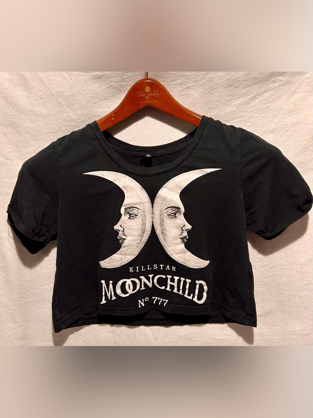 Moonchild No 777 Black Crop Top Twin Moon Face Celestial Gothic Tee Womens S